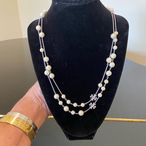 NWT Authentic Luxury Tory Burch Pearl Crystal Rosary Necklace - Picture 4 of 17